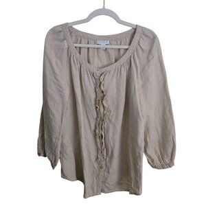 Charter Club Neutral Beige 100% Linen Button Front Ruffled Blouse Size 14 Balloo